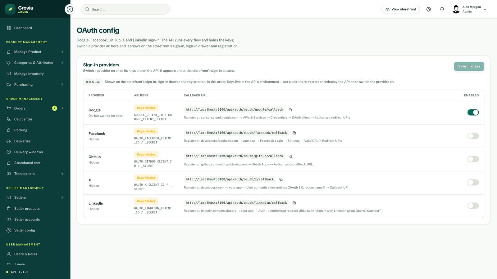 OAuth configuration screen